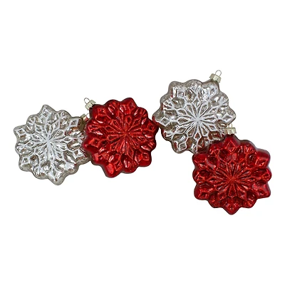 4ct. Red & Silver Glass Snowflake Hanging Christmas Decorations
