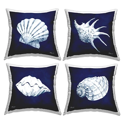 Stupell Industries Navy Blue Varied Seashells Aquatic Animals 4 Pillow Set, 18" x 18"