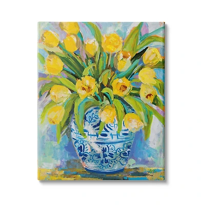 Stupell Industries Expressive Yellow Tulips in Ornate Blue Vase Painting Canvas Wall Art