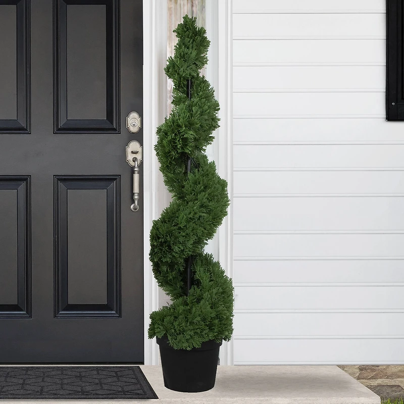 5ft. Unlit Artificial Cedar Spiral Topiary Tree in Black Pot