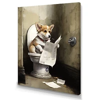 Designart 'Silly Corgi Reading News On Toilet' Animals Canvas Wall Art
