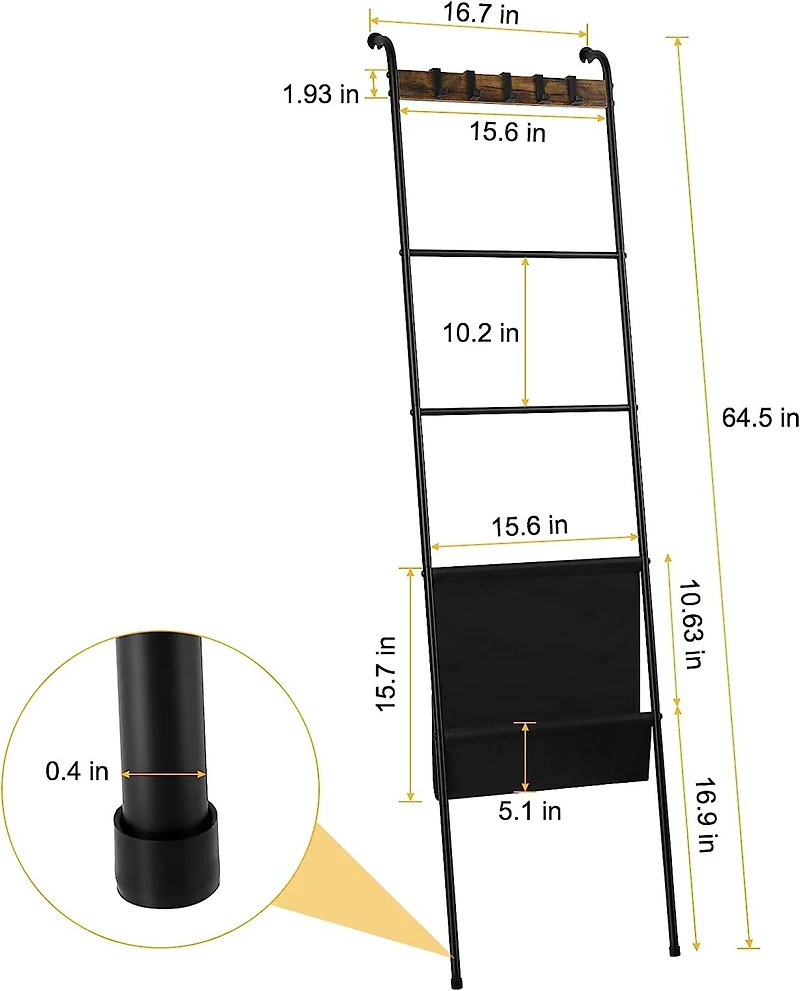 NEX™ 64.5" Farmhouse Decorative Ladder with 5 Hooks & Pocket