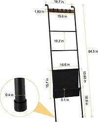 NEX™ 64.5" Farmhouse Decorative Ladder with 5 Hooks & Pocket