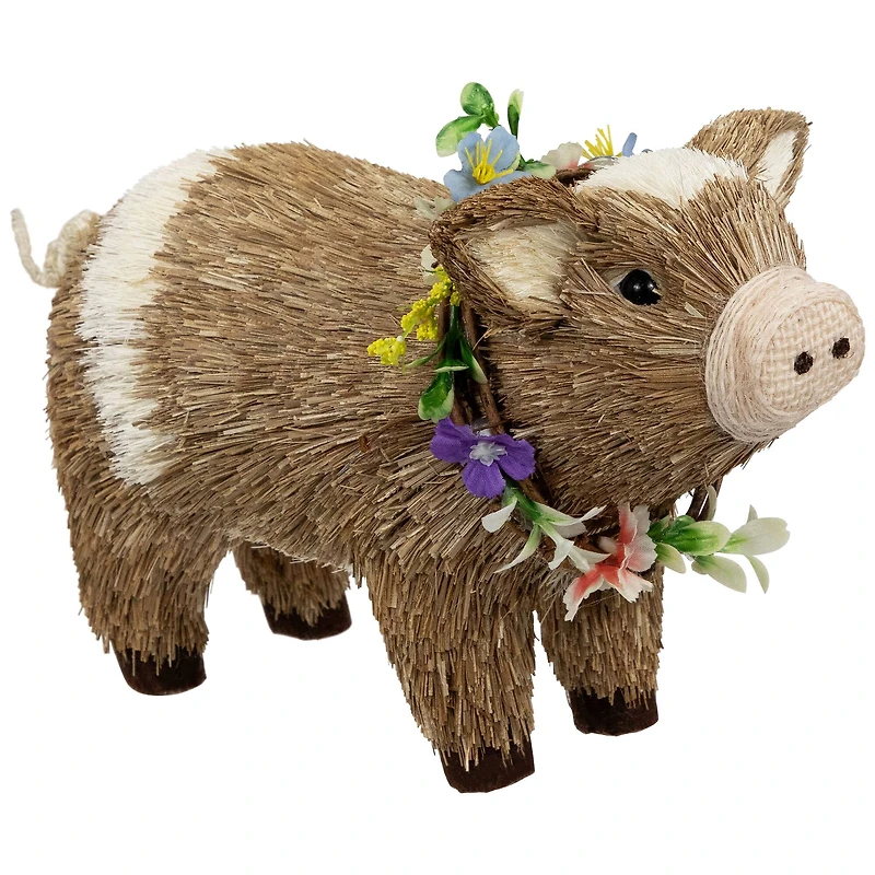 10.25" Brown & Beige Boy Piglet with Floral Wreath Spring Figurine