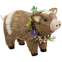 10.25" Brown & Beige Boy Piglet with Floral Wreath Spring Figurine