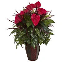2.5ft. Red Mixed Laceleaf Artificial Plant in Decorative Planter