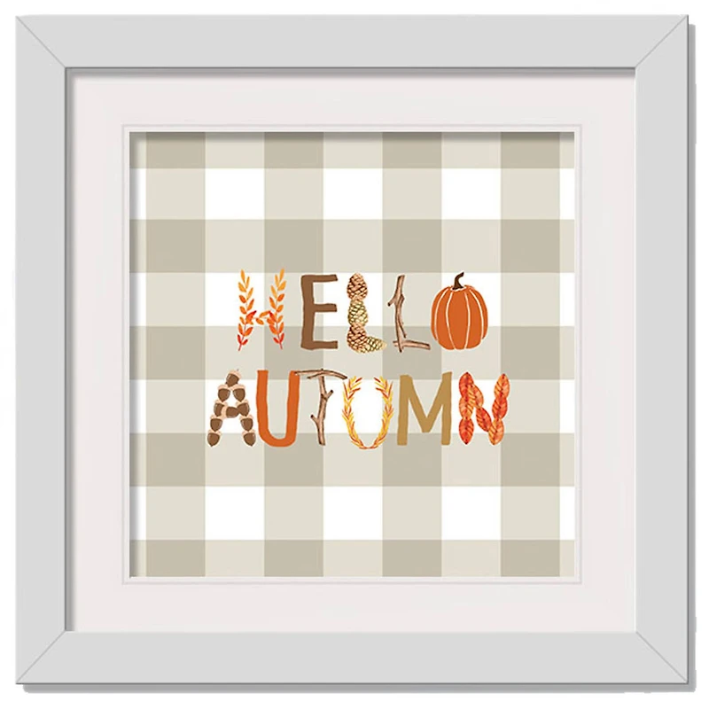 Hello Autumn Buffalo Check White Framed Print Wall Art