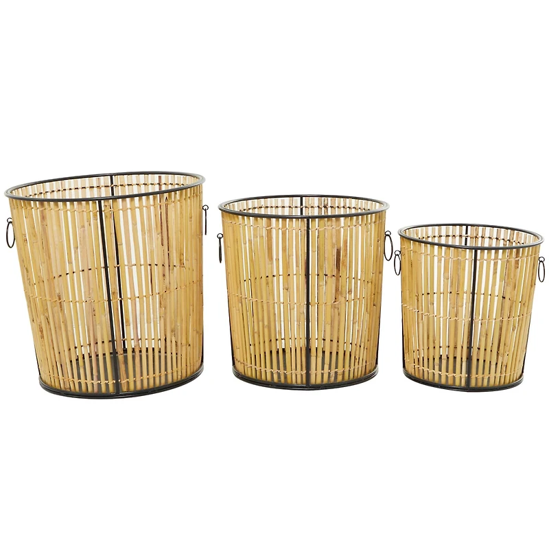 Light Brown Rattan Handmade Slatted Frame Storage Basket with Ring Handles Set of 3 20", 18", 15"