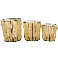 Light Brown Rattan Handmade Slatted Frame Storage Basket with Ring Handles Set of 3 20", 18", 15"