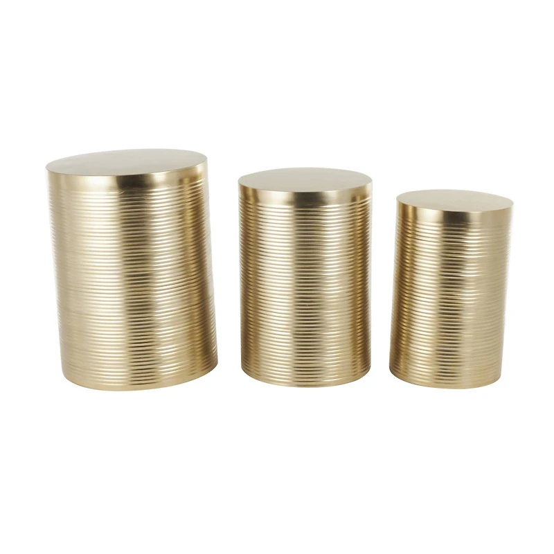 Gold Metal Metallic Ribbed Drum Accent Table Set
