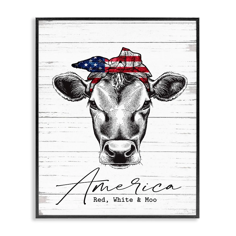 Stupell Industries Americana Cow Red White and Moo Country Farm Quote Framed Giclee Art