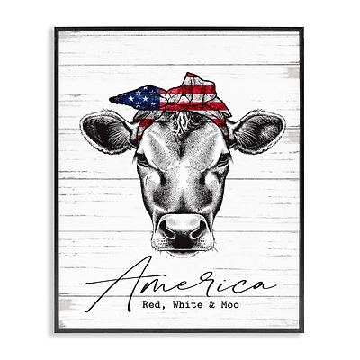 Stupell Industries Americana Cow Red White and Moo Country Farm Quote Framed Giclee Art