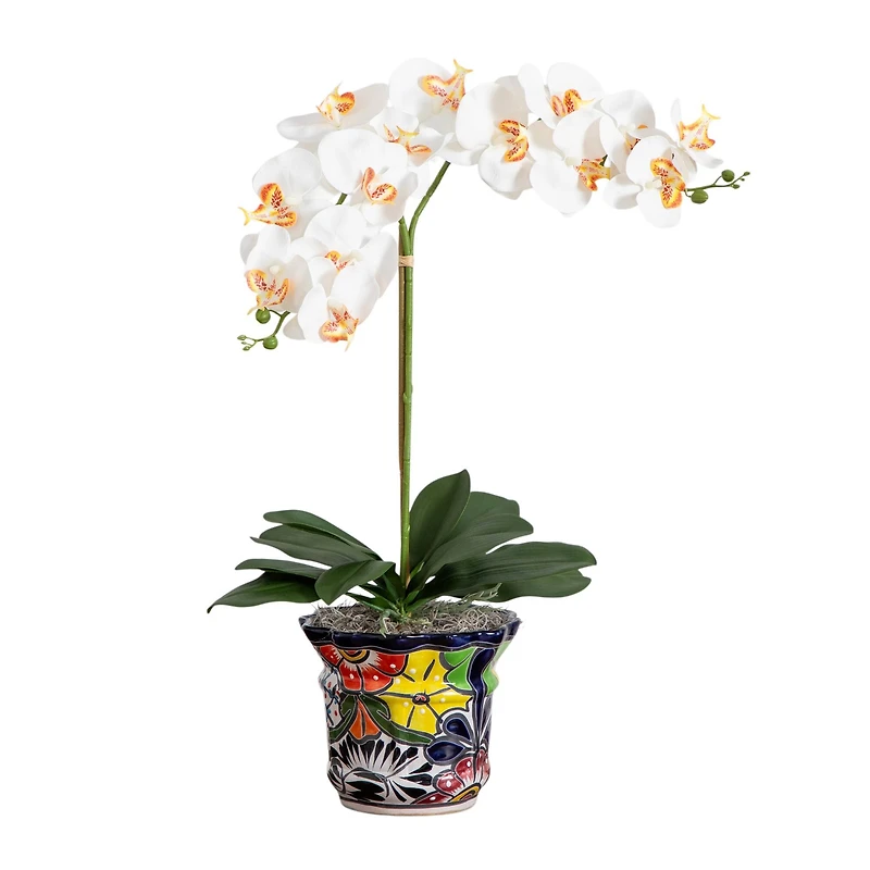 2ft. Artificial Double Orchid Arrangement in Handmade Mexican Talavera Ceramic Planter