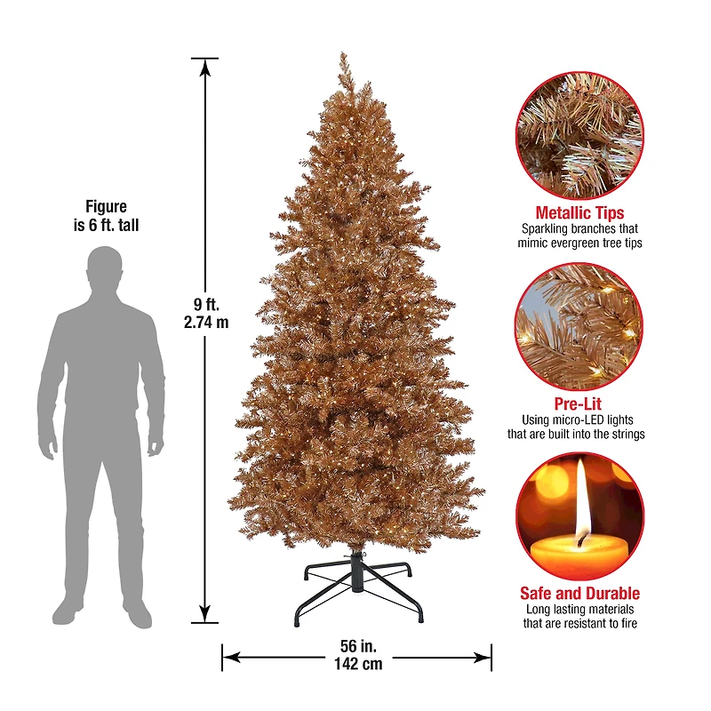 9ft. Pre-Lit Rose Gold Metallic Evergreen Artificial Christmas Tree