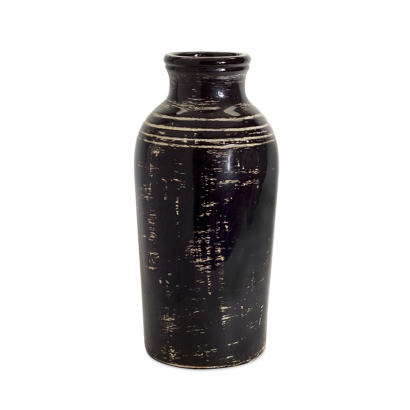 17.5" Distressed Black & Ivory Ceramic Vase
