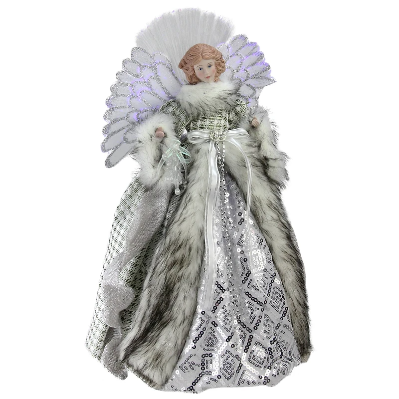 16" Lighted Fiber Optic Angel in Silver Gingham Coat Tree Topper
