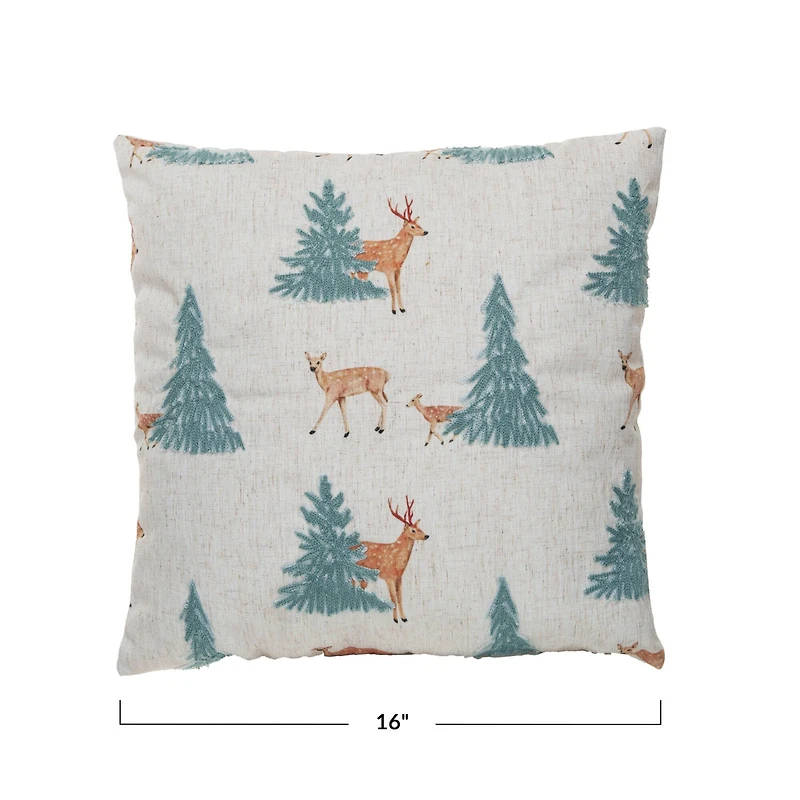 Hello Honey® 16" x 16" Square Natural, Green & Brown Fabric Blend Pillow with Embroidered Deer & Trees
