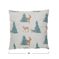 Hello Honey® 16" x 16" Square Natural, Green & Brown Fabric Blend Pillow with Embroidered Deer & Trees