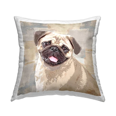 Stupell Industries Happy Pug Dog Beige Grey Patchwork Pattern Throw Pillow 18" x 18"