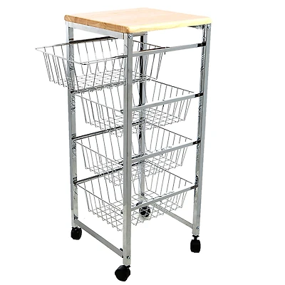Mind Reader 34" Silver 4-Tier Wire Basket Cart with Wood Surface