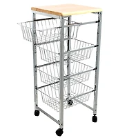 Mind Reader 34" Silver 4-Tier Wire Basket Cart with Wood Surface