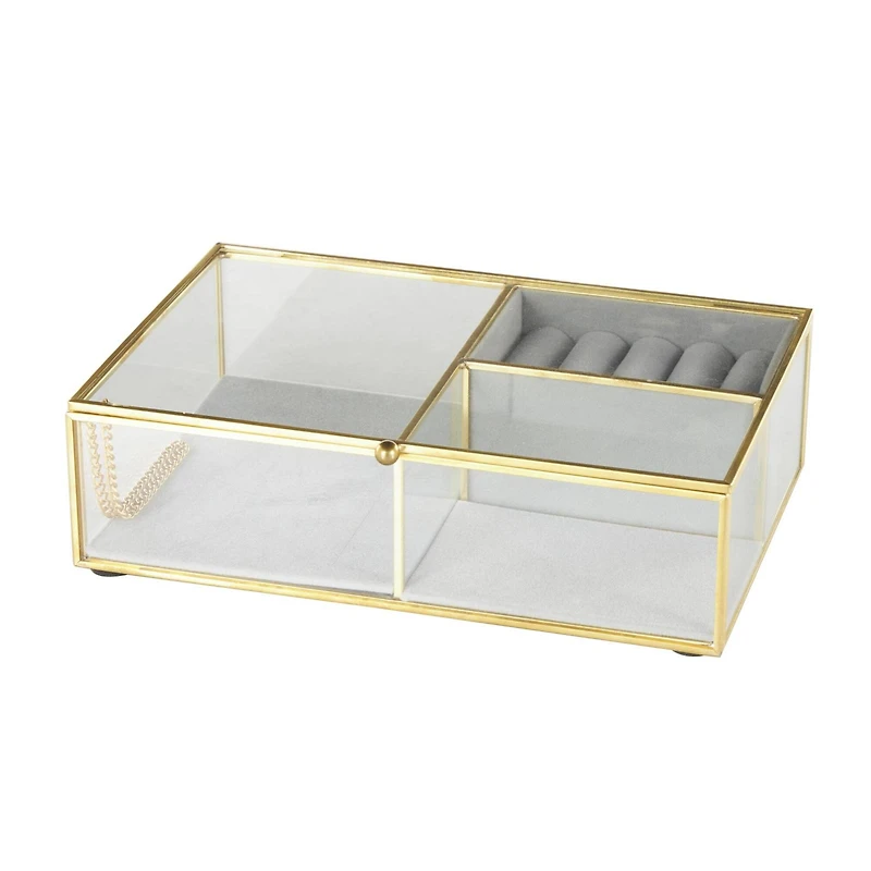 9" x 6" x 3" Clear & Gold Glass & Metal Jewelry Box with Chain Accent & Fabric Ring Slots