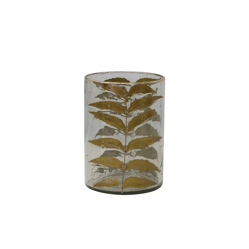 Hello Honey® 6.5" Embedded Neem Leaves & Foil Edge Handblown Glass Hurricane