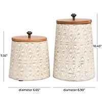 Cream Paper Mache Handmade Carved Triangle Tribal Canisters with Removable Lids Set
