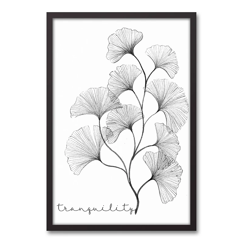 White & Black Lined Tranquility Gingko Black Framed Canvas