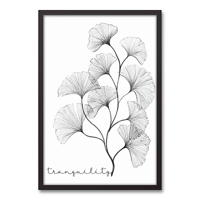 White & Black Lined Tranquility Gingko Black Framed Canvas