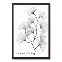 White & Black Lined Tranquility Gingko Black Framed Canvas