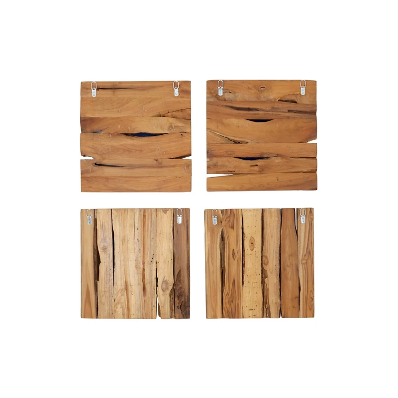 Set of 4 Brown Teak Wood Rustic Floral Wall Mirror, 18" x 18"