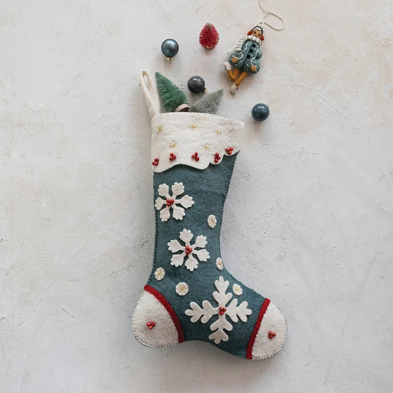 Hello Honey® 18.5" Snowflake Embroidery & Jingle Bell Wool Felt Stocking
