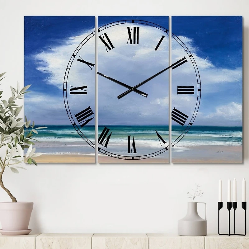 Designart Beach Clouds II 3 Panel Traditional Wall Clock