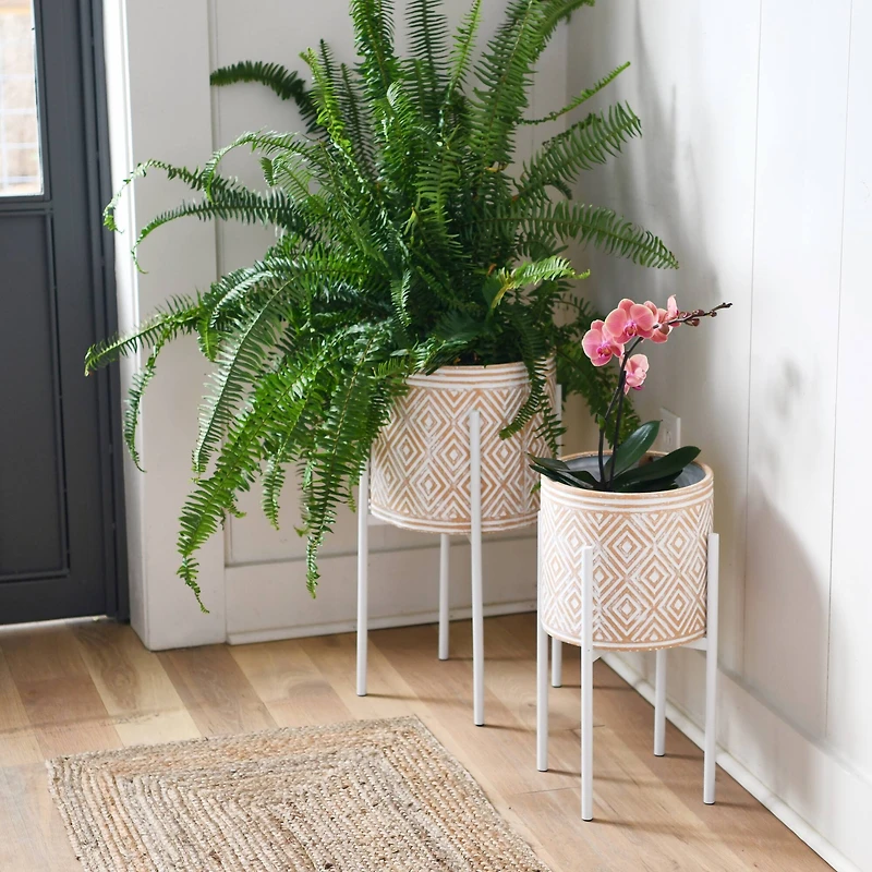 Hello Honey® White & Terracotta Boho Embossed Metal Planters with Stands Set