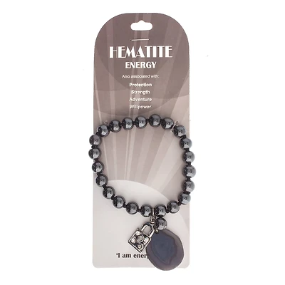 John Bead Hematite Gray Natural Stone Bracelet with Agate & Lock Charm