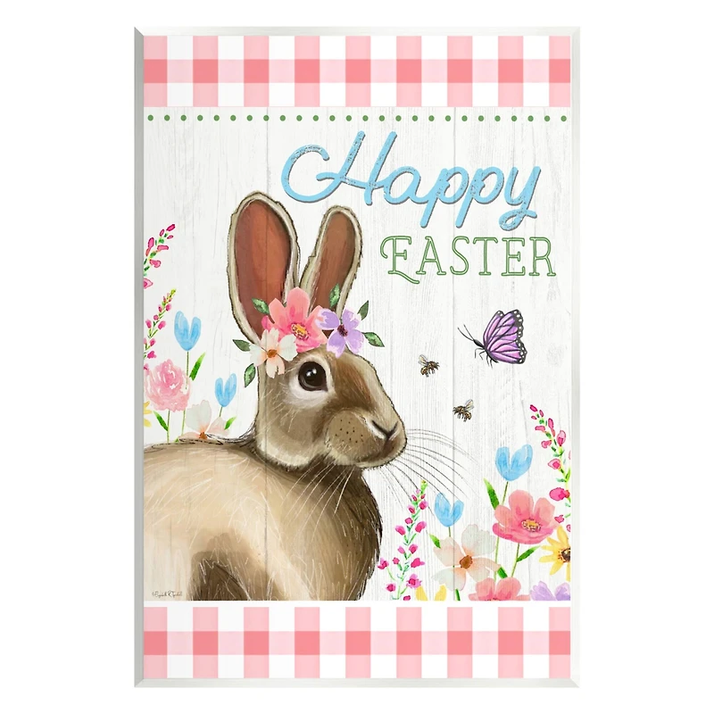 Stupell Industries Happy Easter Floral Gingham Rabbit Wall Plaque Art
