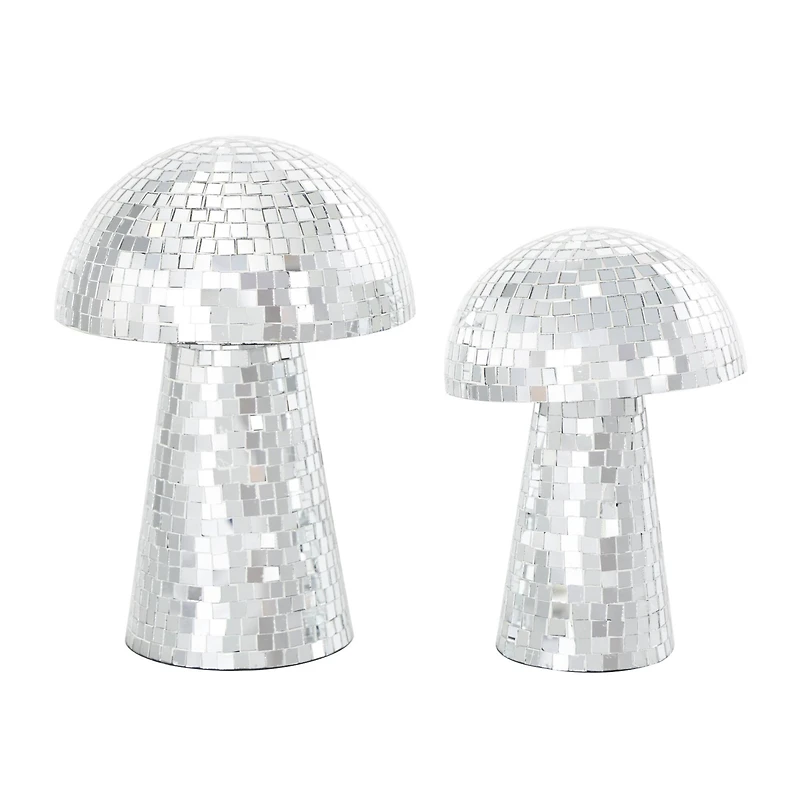 Silver Handmade Glass Mosaic Mushroom Mirror Sculpture Set