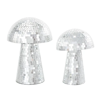 Silver Handmade Glass Mosaic Mushroom Mirror Sculpture Set
