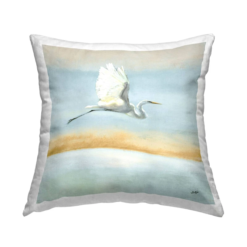 Stupell Industries White Egret Bird Flying Over Ocean Shore Throw Pillow, 18" x 18"