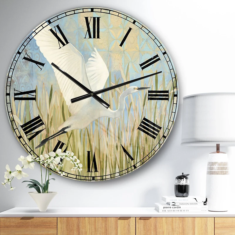 Designart 'Snowy Egret In Flight Vii Farmhouse Wall Clock