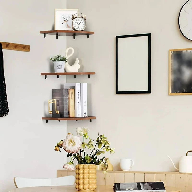 Burnt Brown Wall Mounted Wood Floating Corner Shelf Set