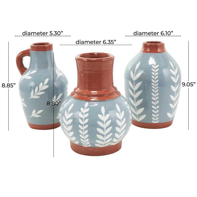 9" Blue Ceramic Floral Vase with Terracotta & White Detailing Set