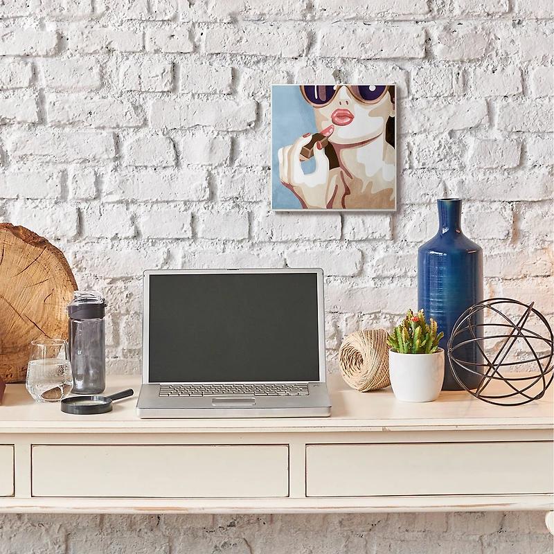 Stupell Industries Fashion Designer Lips Kiss Blue Painting, 12" x 12"