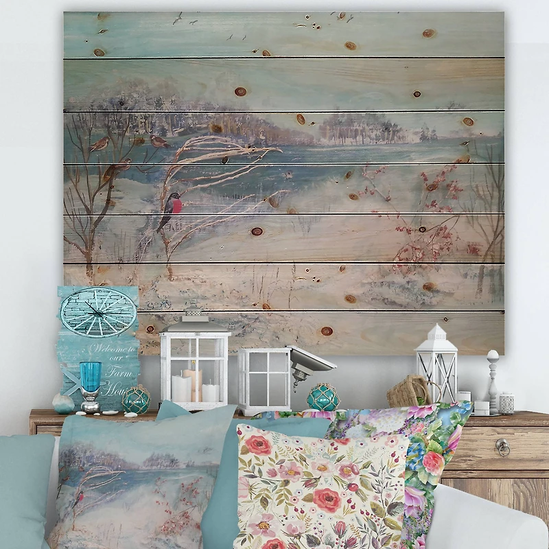 Designart - Winter Trees River and Birds - Lake House Print on Natural Pine Wood