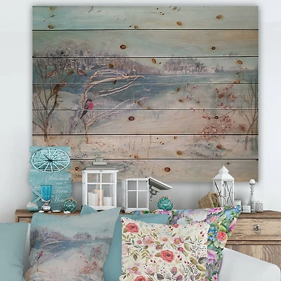 Designart - Winter Trees River and Birds - Lake House Print on Natural Pine Wood