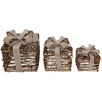 Lighted Rattan Gift Boxes with Burlap Bows Tabletop Christmas Decorations Set