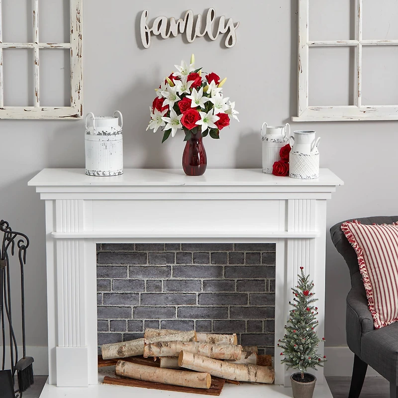 21" Red Roses & White Lilies Arrangement in Red Vase