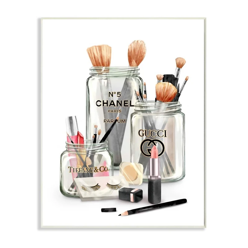 Stupell Industries Fashion Brand Makeup In Mason Jars Glam Design Wood Wall Plaque