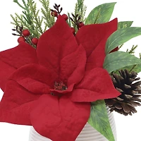 10.5" Red Poinsettia, Cedar & Pinecone Arrangement in White Ceramic Pot by Ashland®
